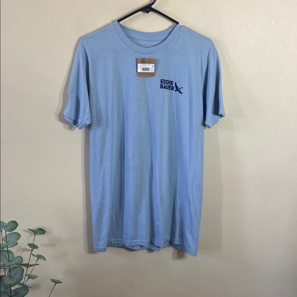 Eddie Bauer Happy Camper Graphic Tee Dog Hiking Camping T Shirt Blue Men's M NWT